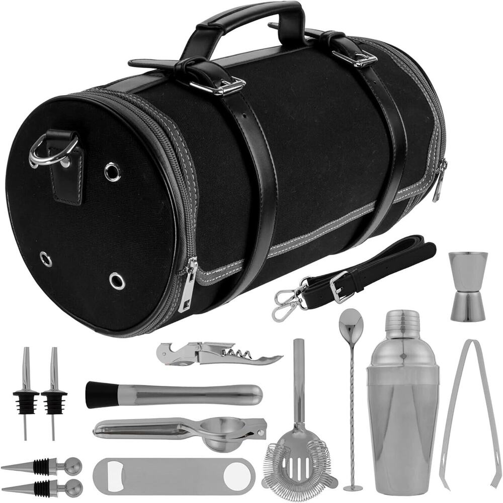 Highland Craft Travel Bartending Kit Bar Set with Black Canvas Roll Up Bag